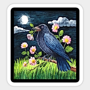 watercolor floral crow out at night Sticker